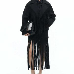0146 - Lumina Black Fringe Midi Skirt