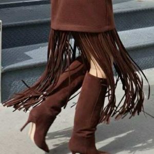 0145 - Lumina Brown Fringe Midi Skirt