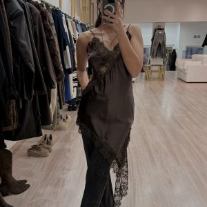 6073 - Satin Lace Slip Top/Dress – Brown, Black, Green & Ecru